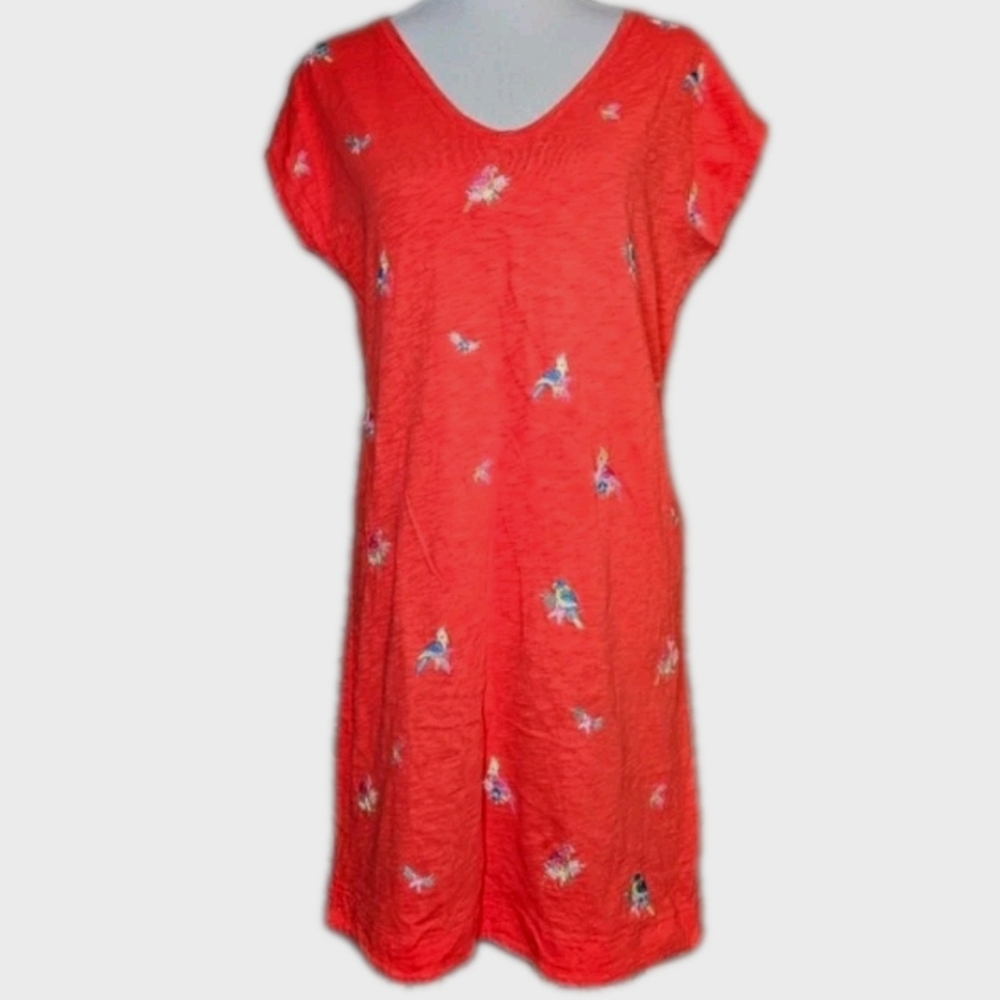 Boden Cherry Red Short-Sleeve Parrot Embroidered Shift Dress
